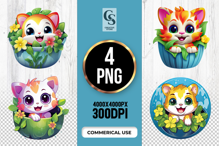 Cute Cat In Flower Pot Clipart Sublimation PNG