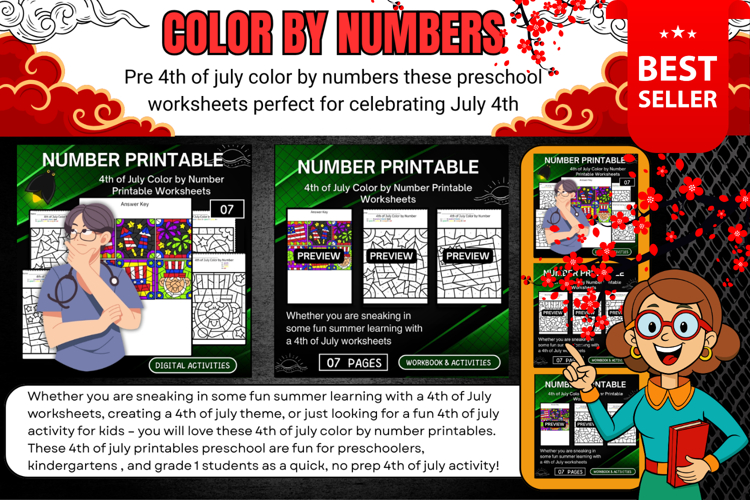 4th of July Color by Number Printable Worksheets FOR KIDS