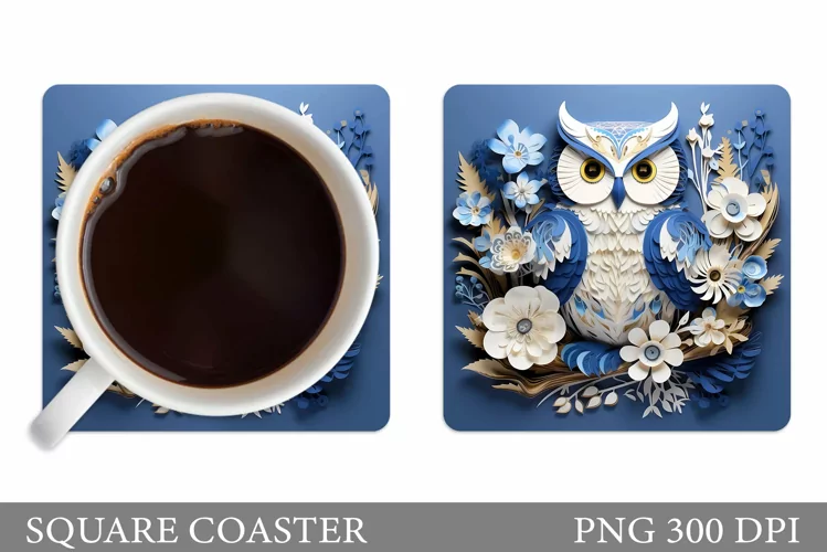Owl Square Coaster Sublimation. Owl Flowers Coaster Design
