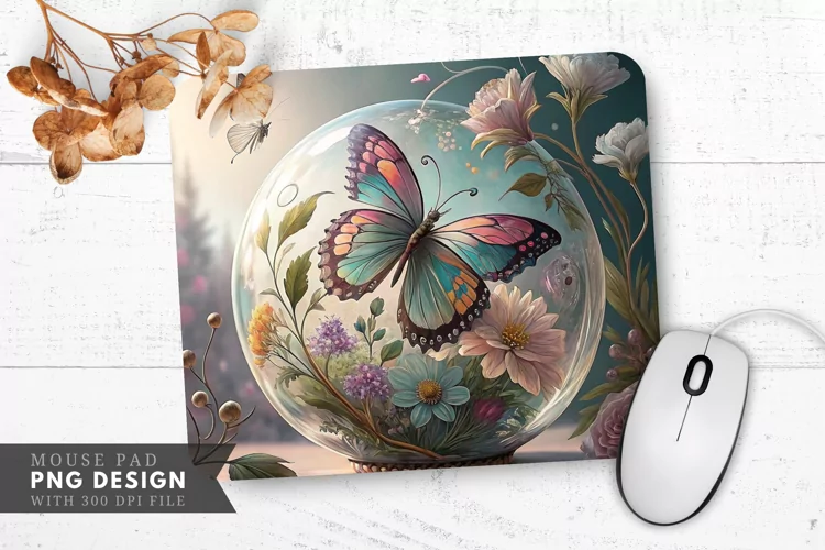 Butterfly and Floral Glass Art Mouse Pad PNG Design