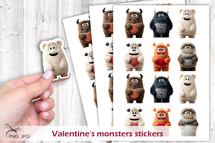 Valentines monsters stickers- 6 Variations
