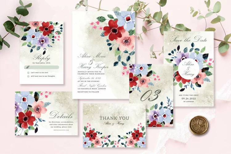 Vintage Flower Bouquet Wedding Invitation Suite