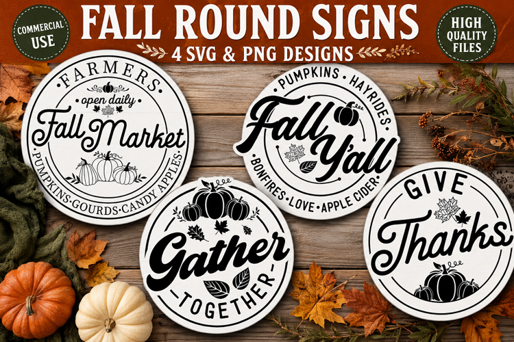 Fall Round Signs SVG PNG, Pumpkin Farmhouse Decor