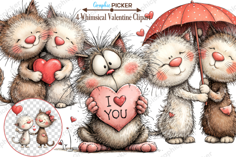 Whimsical Cats Valentines Day Clipart, Valentines Day PNG