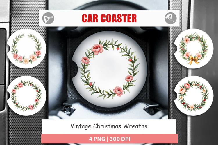 Car Coaster Vintage Christmas Wreaths Watercolor