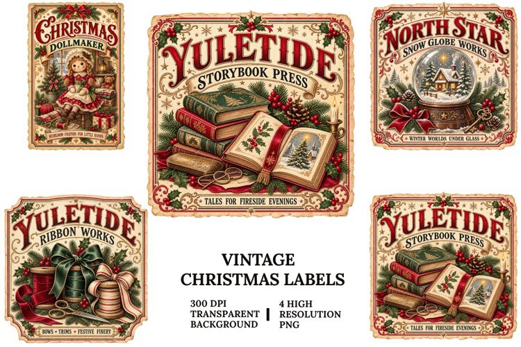 Vintage Christmas Labels PNG Storybook Holiday Sublimation example image 1
