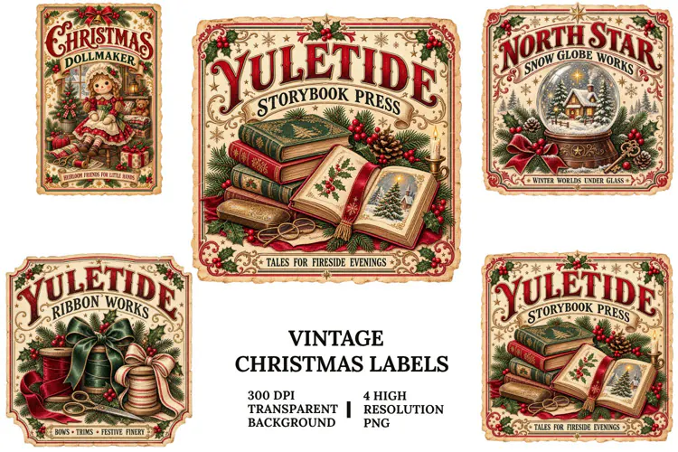 Vintage Christmas Labels PNG Storybook Holiday Sublimation