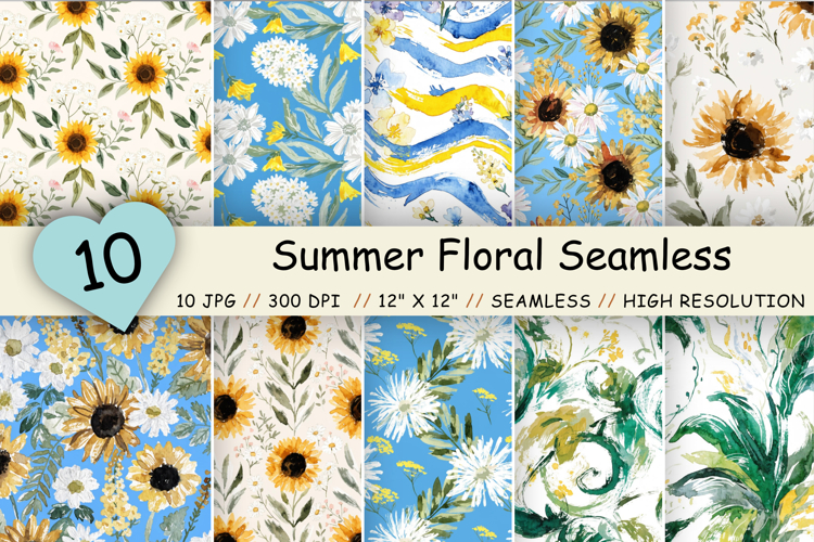 Summer Floral Seamless Pattern Pack, Watercolor Sunflower