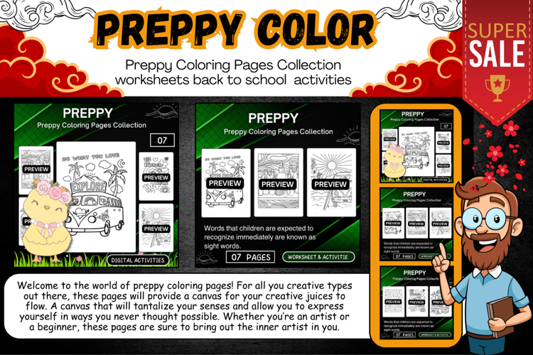 Preppy Coloring Pages Collection worksheet activities