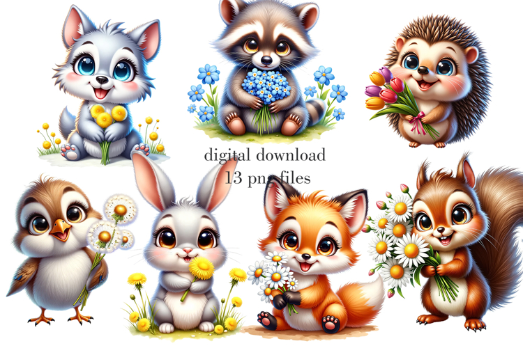 Animal with flowers, Baby Animals PNG set