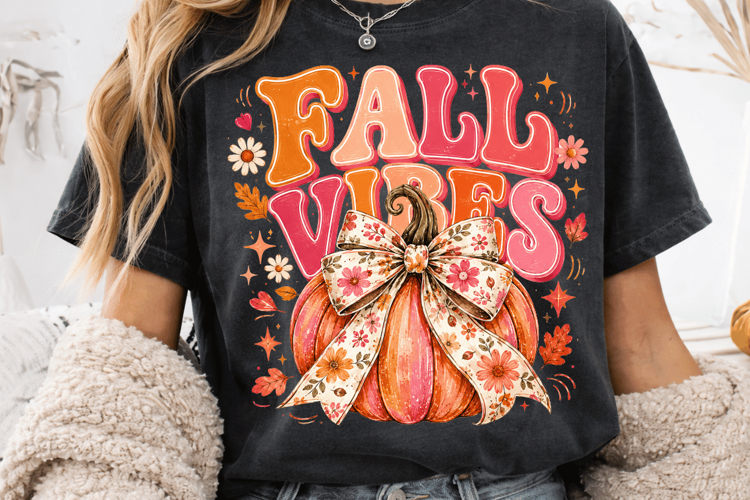 Fall Vibes PNG, Pumpkin Bow PNG, Retro Fall Sublimation