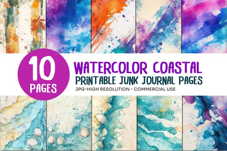 Watercolor Coastal Junk Journal Pages example image 1