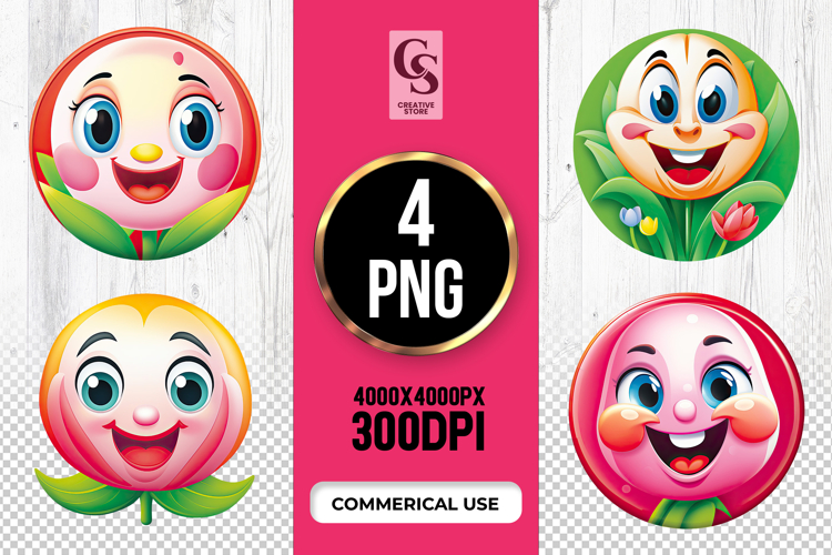 Smiling Flower Faces Clipart Sublimation PNG
