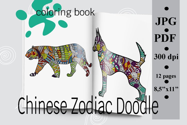 Chinese Zodiac Doodle Coloring book, Antistress coloring set