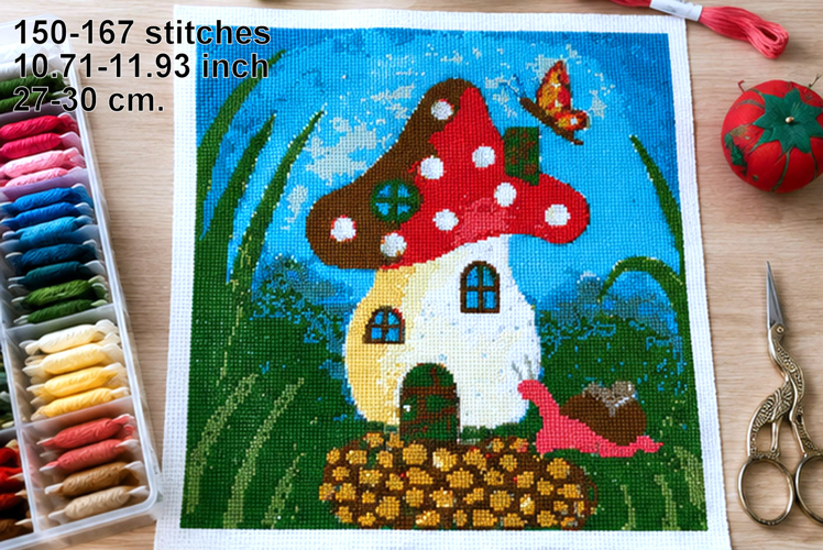 Cross stitch mushroom house pattern, fantasy amanita home