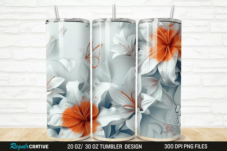 3D And Orange Lily Butterfly Floral 20/30oz Skinny Tumbler