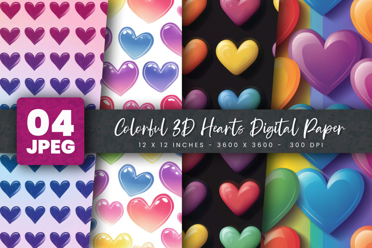 Colorful 3D Hearts Digital Paper
