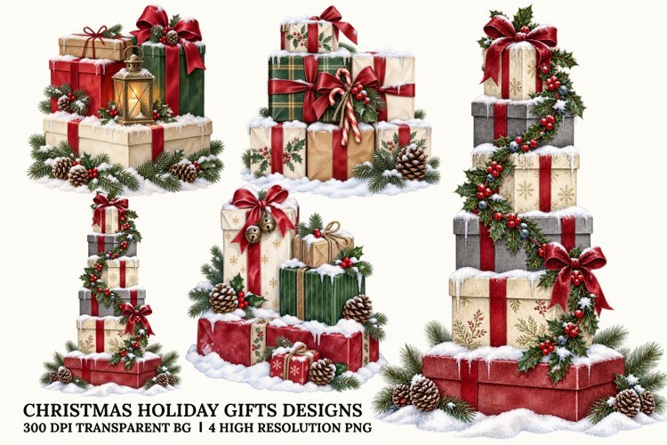 Christmas Gift Boxes PNG, Holiday Present Sublimation Art example image 1