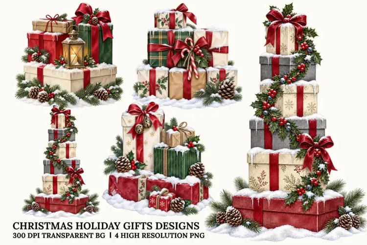 Christmas Gift Boxes PNG, Holiday Present Sublimation Art