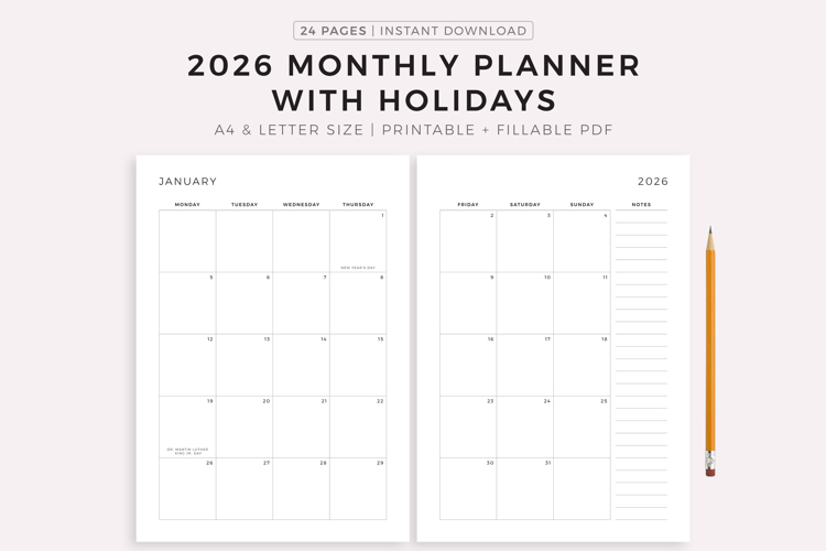 2026 Monthly Planner with Holidays, Dated Month on 2 Pages