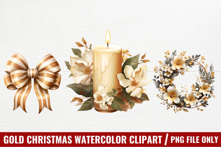 Gold Christmas Watercolor Clipart, Christmas Clipart