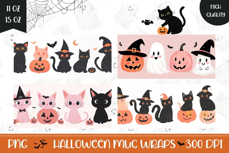 Cartoon Halloween Cats Mug Wrap, Funny Pumpkins Mug Designs