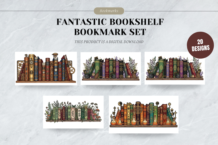Fantastic Bookshelf Horizontal Bookmark Set,Magical Library example image 1
