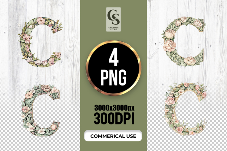 Vintage Floral Letter C Clipart Sublimation PNG