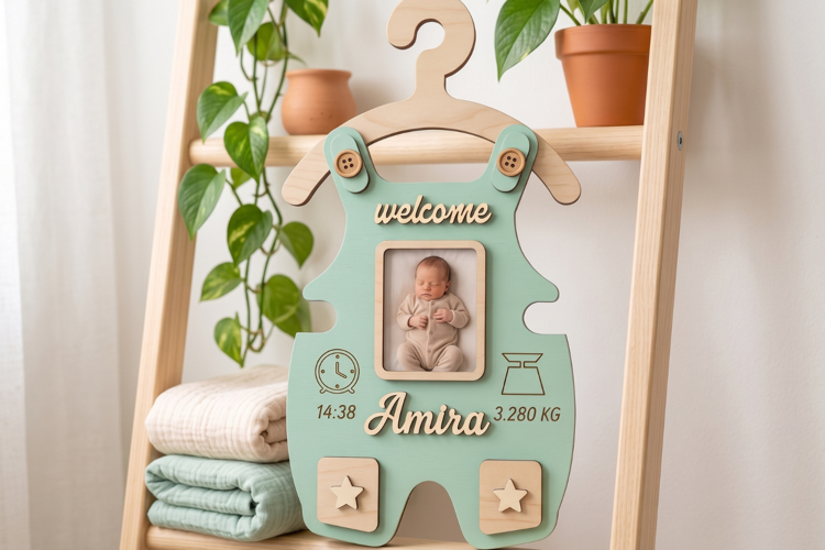 Birth Stats Sign SVG Laser Cut | Baby Boy Dungarees Keepsake