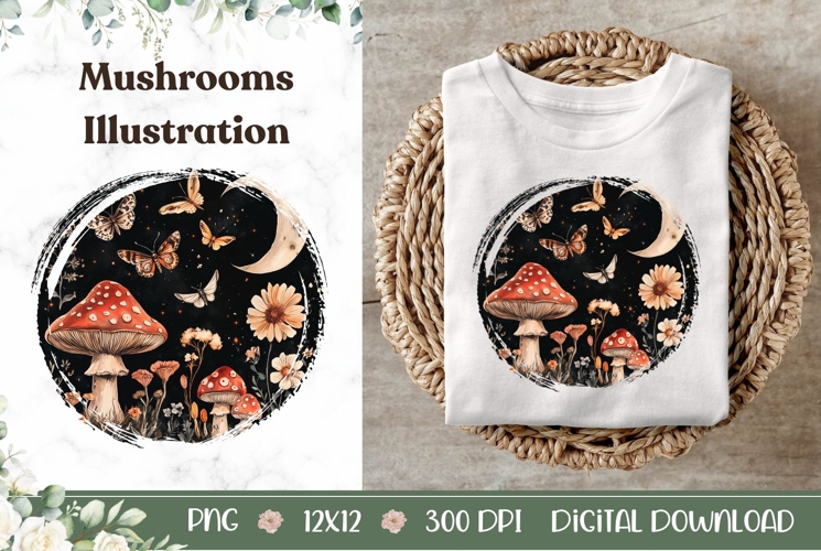 Celestial Mushrooms Illustration, Cartoon Night Forest PNG