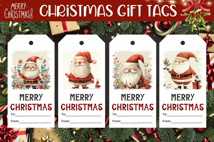Watercolor Santa Claus Gift Tags, Christmas Product Tag