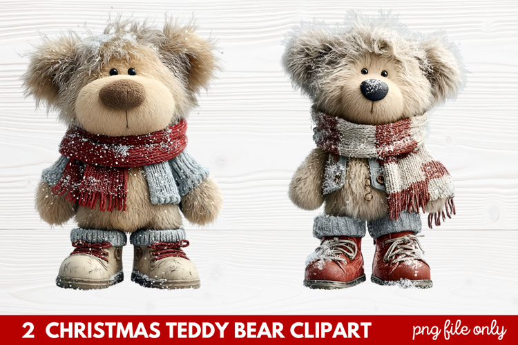 2 Christmas Teddy Bear Clipart | Cute Holiday Bear PNG Illus