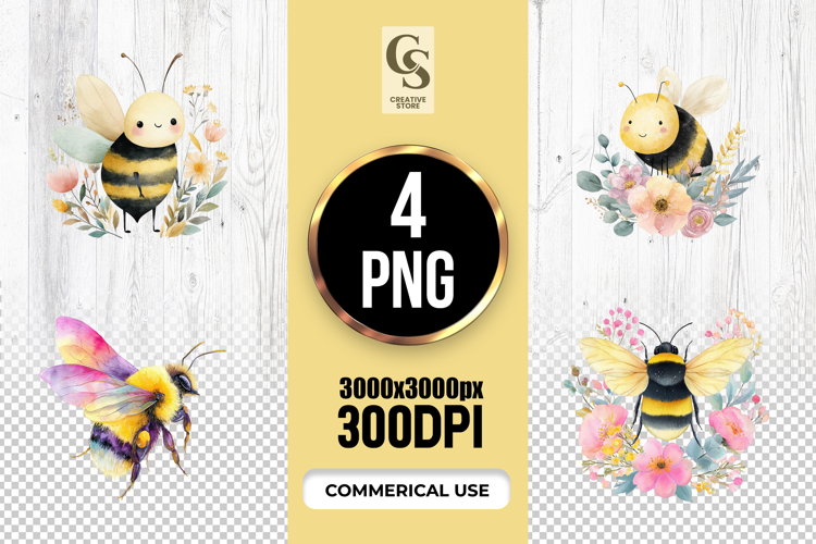 Cute Watercolor Bee With Flowers Clipart Sublimation PNG Set