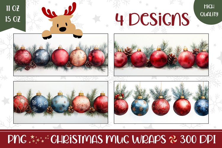 Watercolor Christmas Mug Wrap, Baubles Mug Design