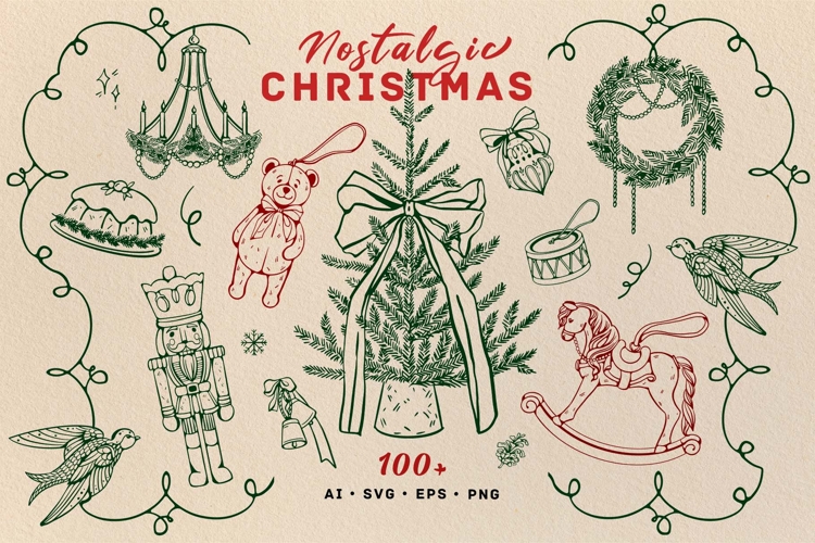 Vintage Christmas Vector Retro Set