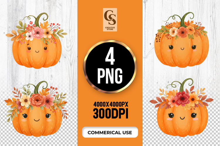Smiling Floral Pumpkin Clipart Sublimation PNG