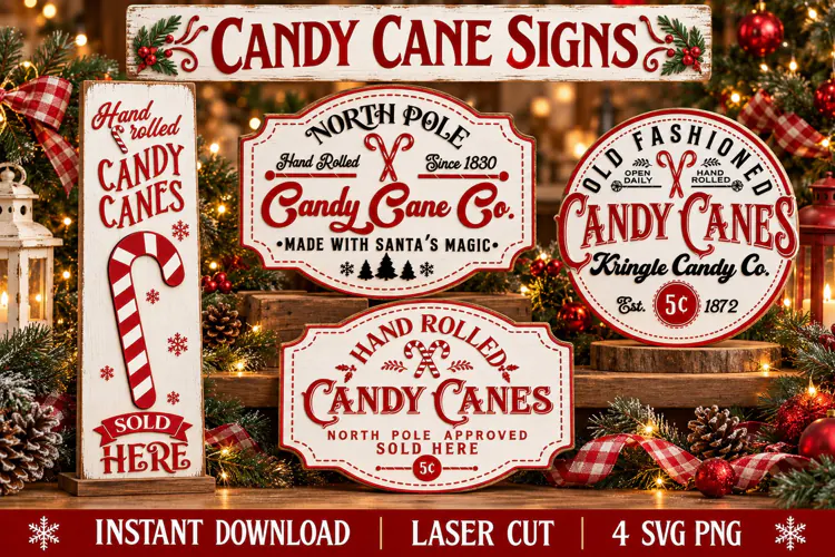 Vintage Candy Cane Signs SVG PNG, North Pole Laser Cut