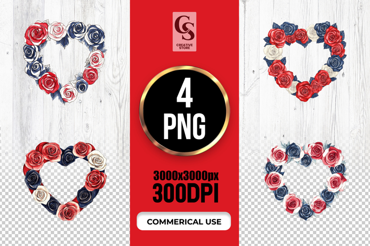 Patriotic Rose Heart Clipart Sublimation PNG