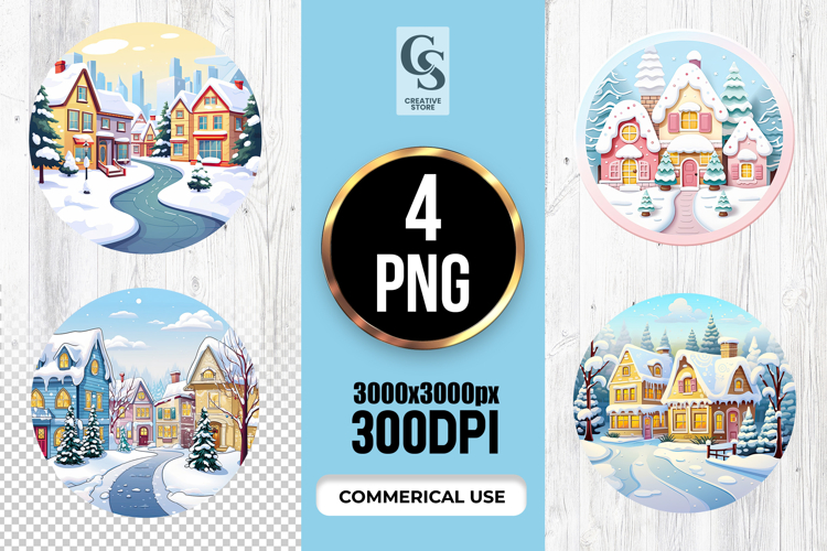 Winter Snow Village Cozy Houses Sublimation PNG