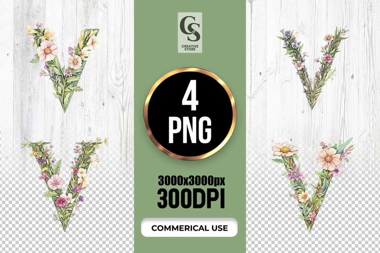 Floral Letter V Watercolor Alphabet Clipart Sublimation PNG
