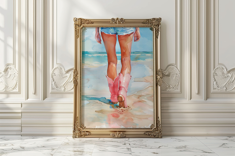 Watercolor Coastal Cowgirl Boots Beach Print