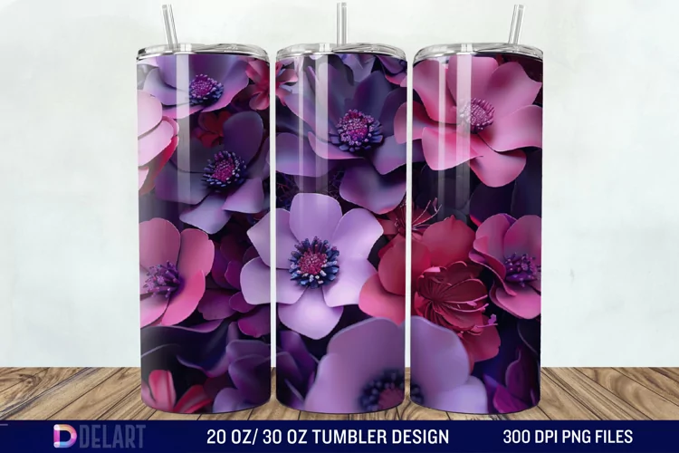 3D Fuchsia and Violet Flowers Tumbler Wrap