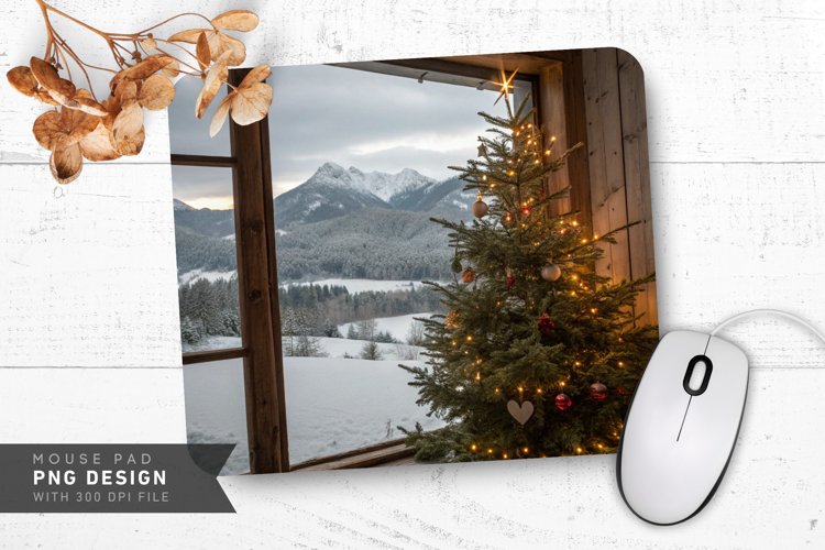 Rustic Christmas with Snowy Mountain Mouse Pad PNG Design