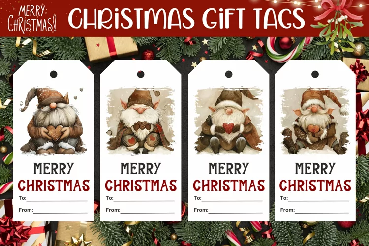 Watercolor Christmas Gnome Gift Tags, Winter Gift Tag