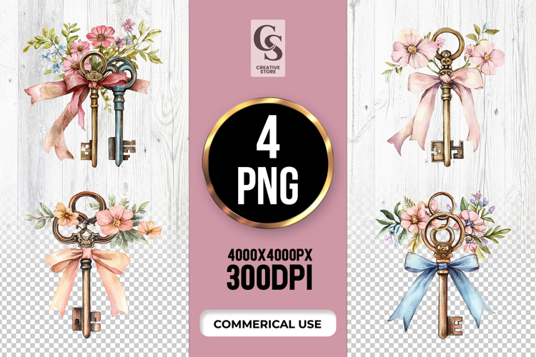 Vintage Floral Key Clipart Sublimation PNG