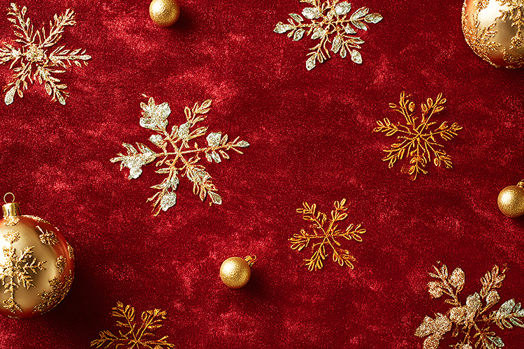 A festive holiday background with gold ornaments & snowflake
