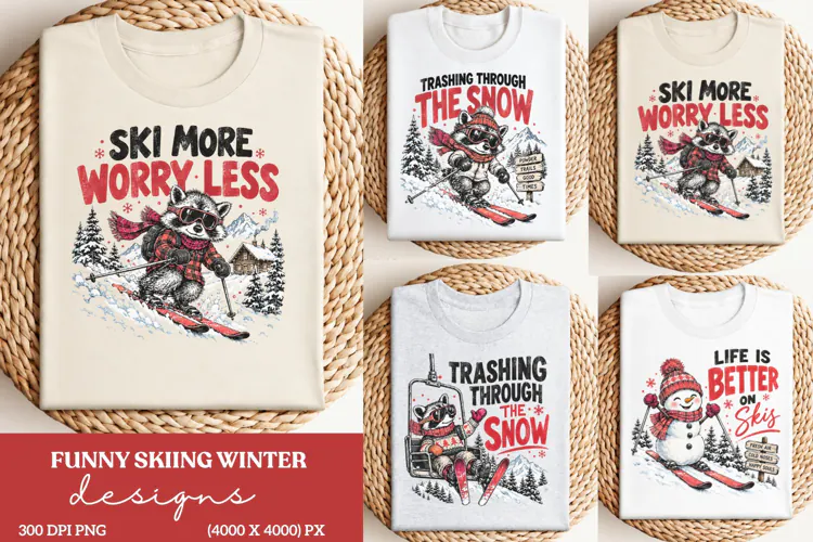 Ski More Worry Less Raccoon PNG, Funny Raccoon Skiing Winter