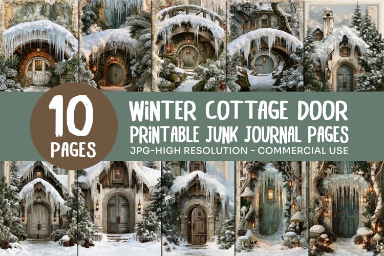 Winter Cottage Door Junk Journal Pages example image 1