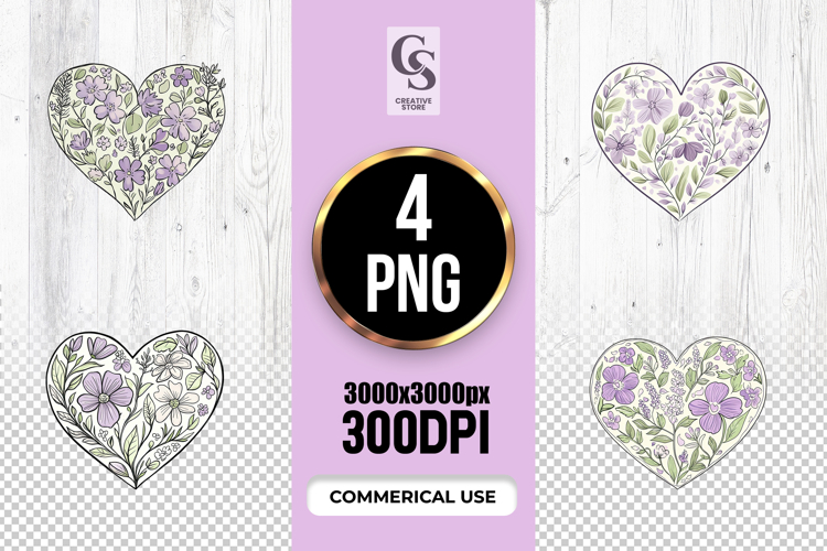 Purple Floral Heart Clipart Sublimation PNG