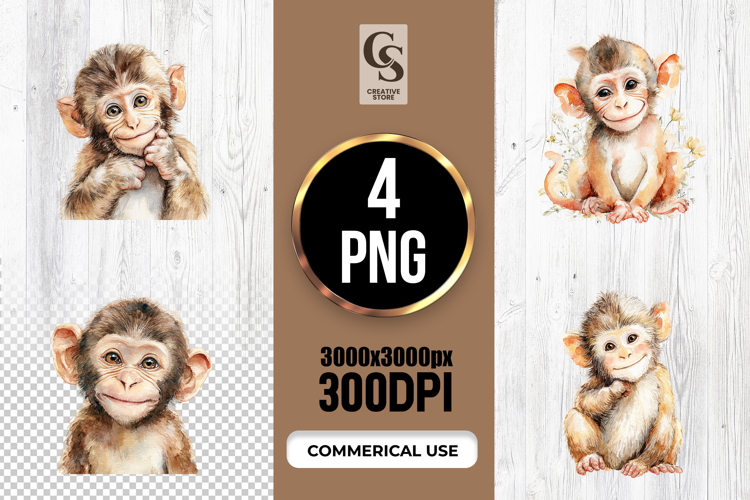 Cute Watercolor Baby Monkey Clipart Sublimation PNG